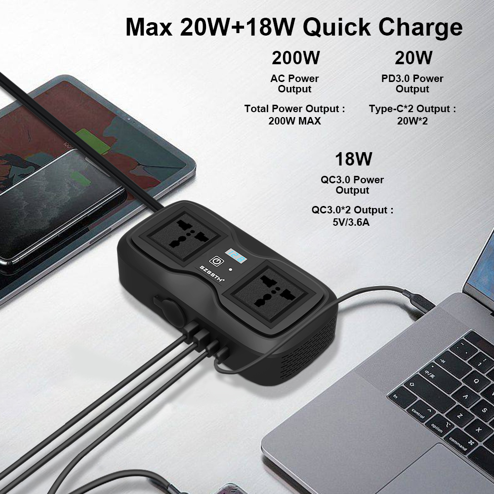 200 Watt Charger Universal Socket 2 AC 2 USB Ports DC 12V to 110V 220V Converter 200W GaN PD Fast Car Power Inverter