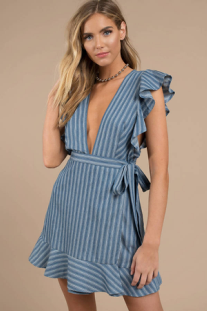 Sexy Deep V Neck Ladies Ruffles Wrap Dress Mini