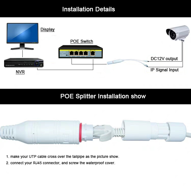 Mini Waterproof PoE Splitter 10/100M 48V to 12V for POE switch and IP Cameras