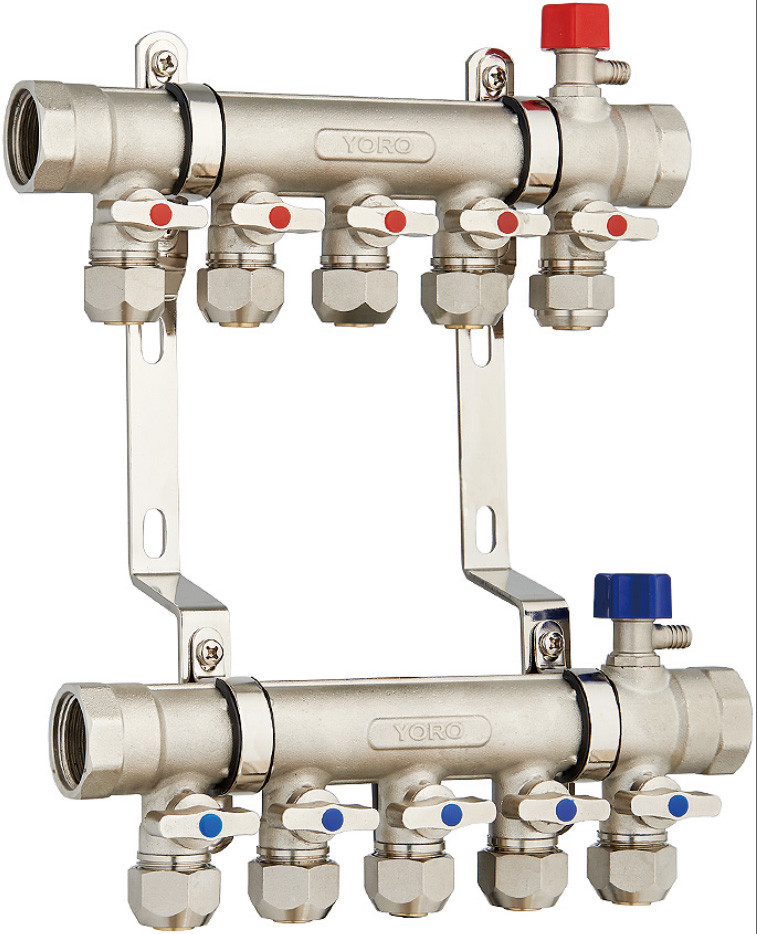 6213Y Hot Forged Brass Ball Valve Water Distribution Manifolds 45mm branch spacing W/ Main Supply & Return Air Exhausts