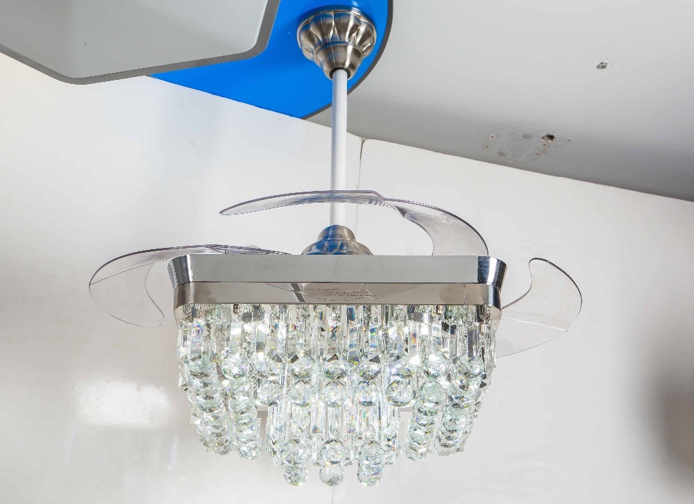 Contemporary 110v 110W Retractable Blade Ceiling Fan Chandelier Santi Nickle Color