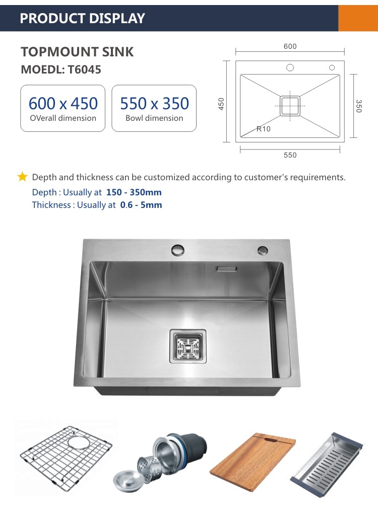 Topmount Stainless Steel Kitchen Sink Brushed Single Bowl 16 Gauge 60x45