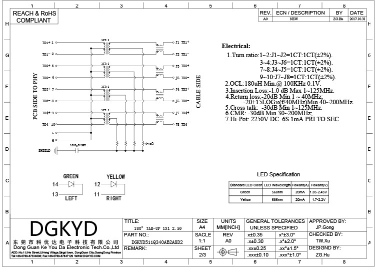 DGKYD511Q340AB2A8D2 180 Degree In Line Network Connector 2.5G Filter 10P8C Interface RJ45 Single Port