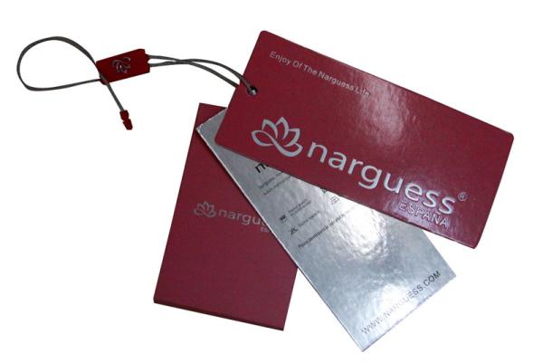 Pink Matt Coated Clothing Hang Tags Silvery Foil Stamped With Button Bags ,