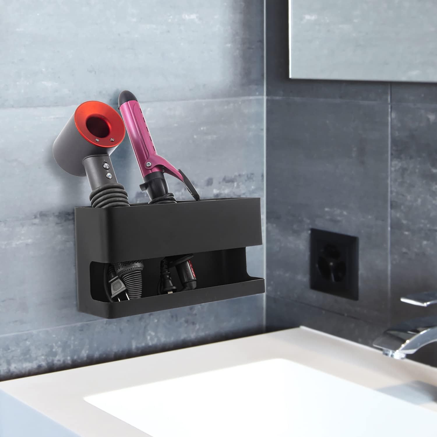Hair Dryer Holder Wall Mounted Modern Black Metal Hair Tools Organizer for Blow Dryer