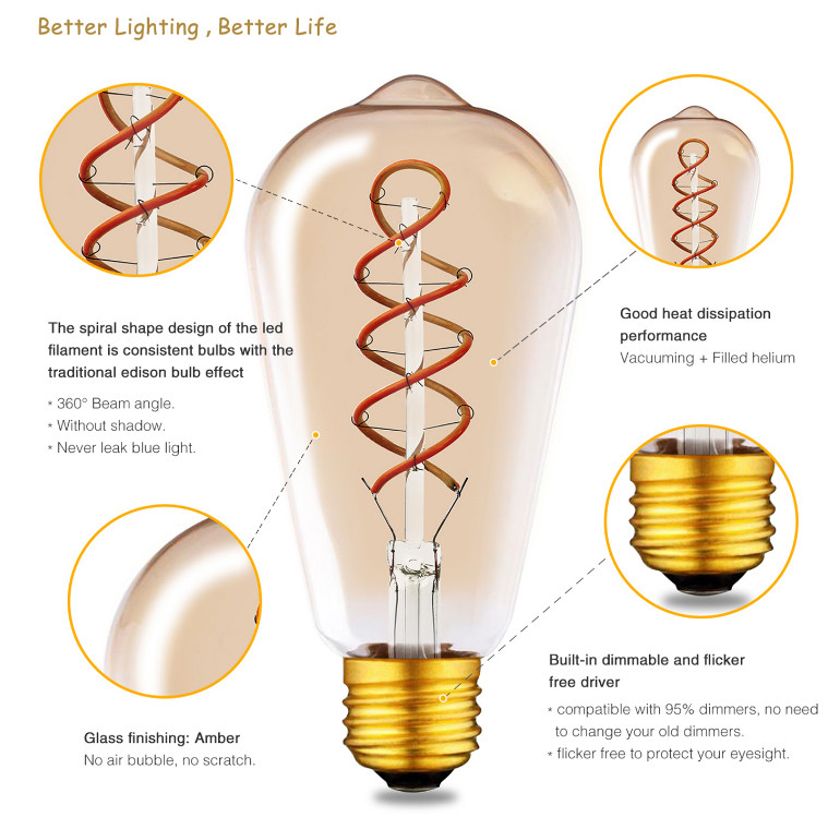 ST64 Amber Spiral LED Filament Bulb 4W , 230V LED Antique Bulb