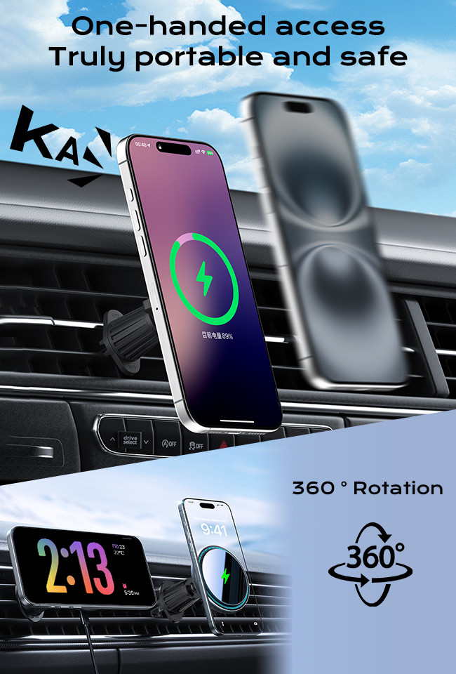 Metal Ambient Light 15w Wireless Charger Car Phone Holder With Oval Shape And Magsafe Magnetic Suction