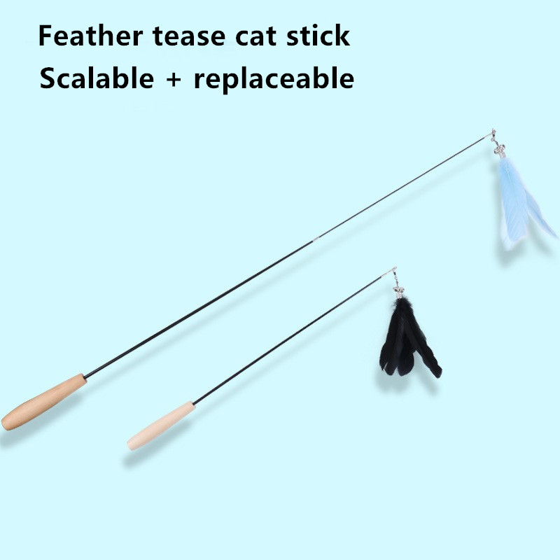 Retractable Wooden Handle Cat Petting Stick Interactive Pet Supplies Cat Toy Solid Wood Bell Feather Cat Petting Stick