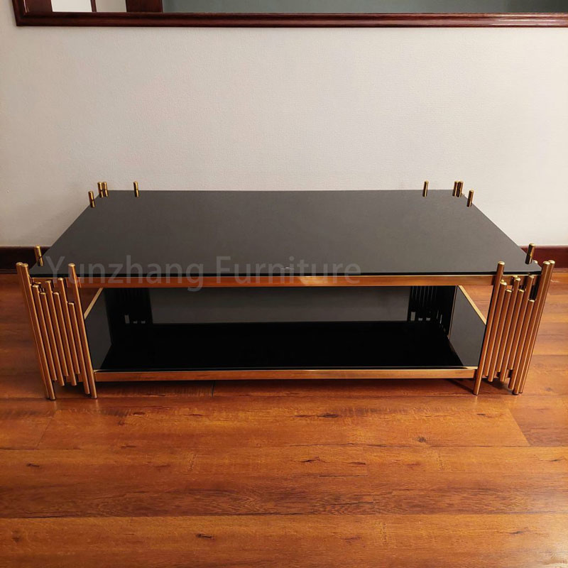 Double Tempered Glass Center Table Rectangle Shape Gold Frame