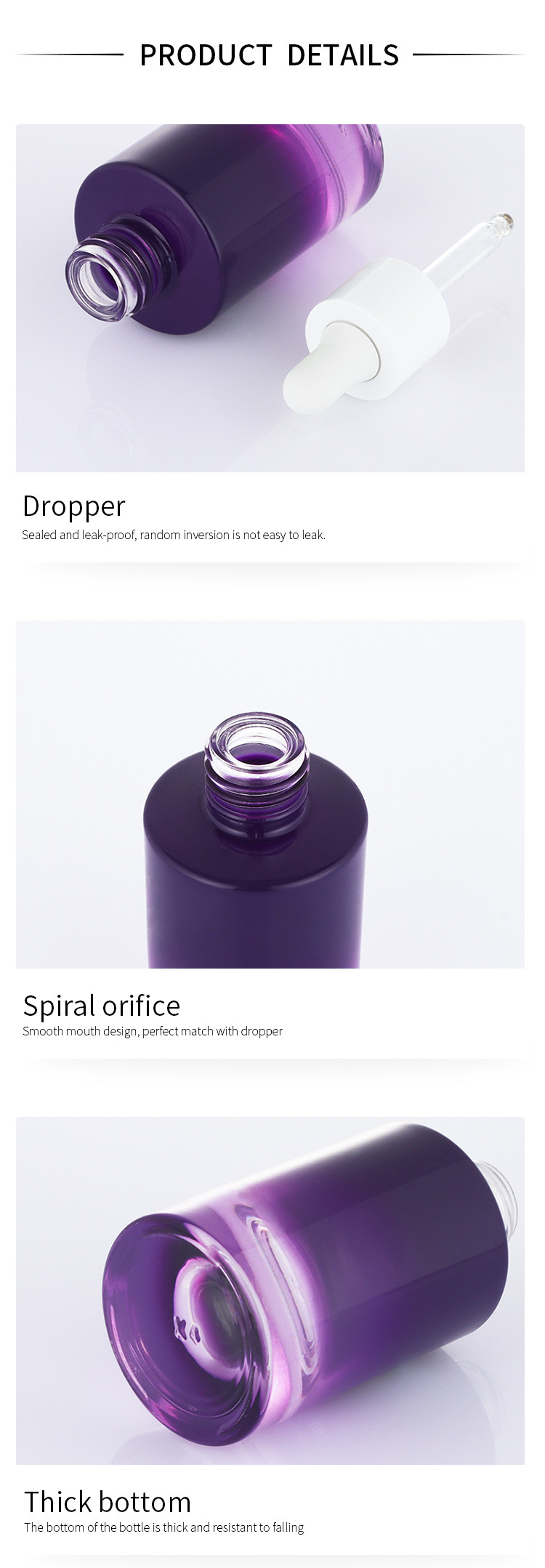 New design small ombre purple white pump 30ml empty serum container dropper bottle