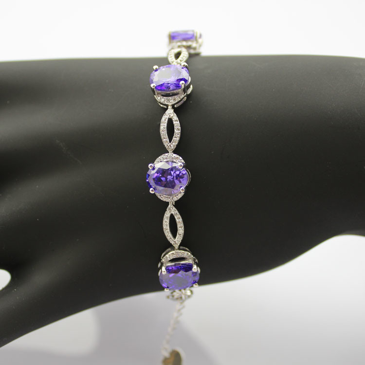 Women Jewelry 925 Silver Created 7x9mm Oval Amethyst Cubic Zircon Tennis Bracelet(B05PURPLE)