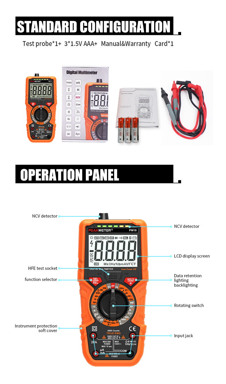 Overload Protection Handheld Digital Multimeter With T - RMS Wide Range And High Precision