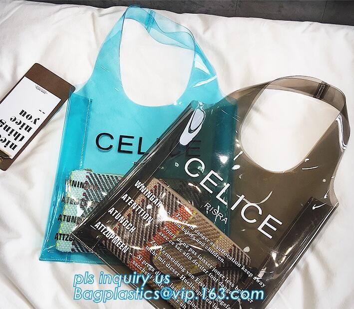 printed handle pvc bag pvc plastic bag, Stand up gift wine bottle packing recyclable PVC loop handle plastic bag, top se