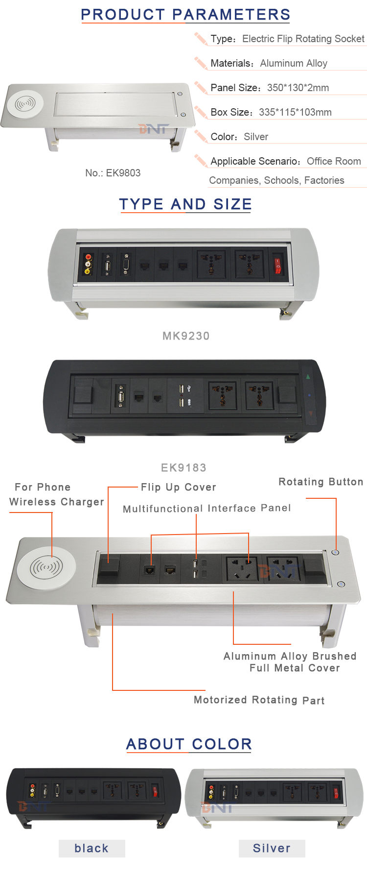 BNT New arrival multifunctional hidden table design desk outlet box brush sliver automatic flip up desktop outlet