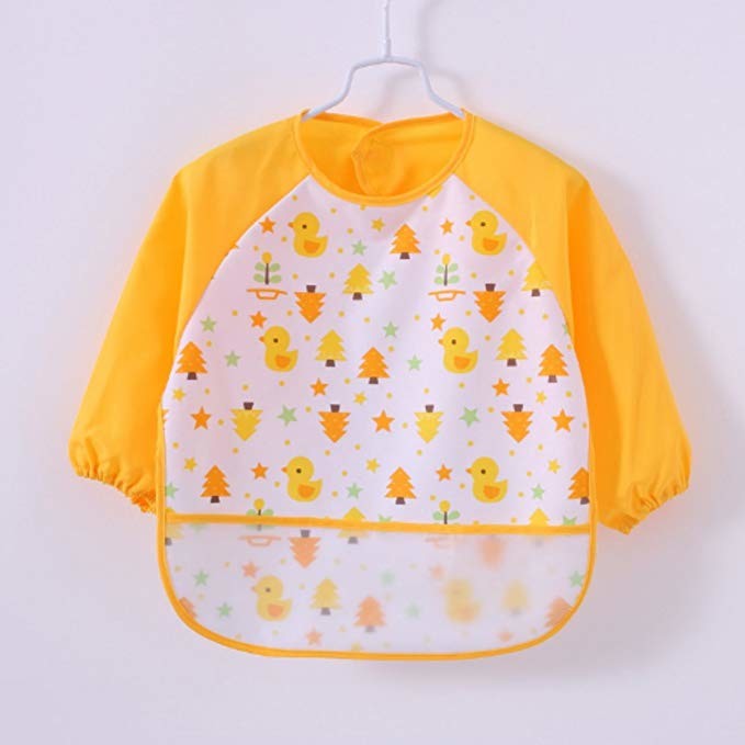 Yellow Full Sleeve Bib / Baby Smock Bib And Burp Cloth Set With Pocket