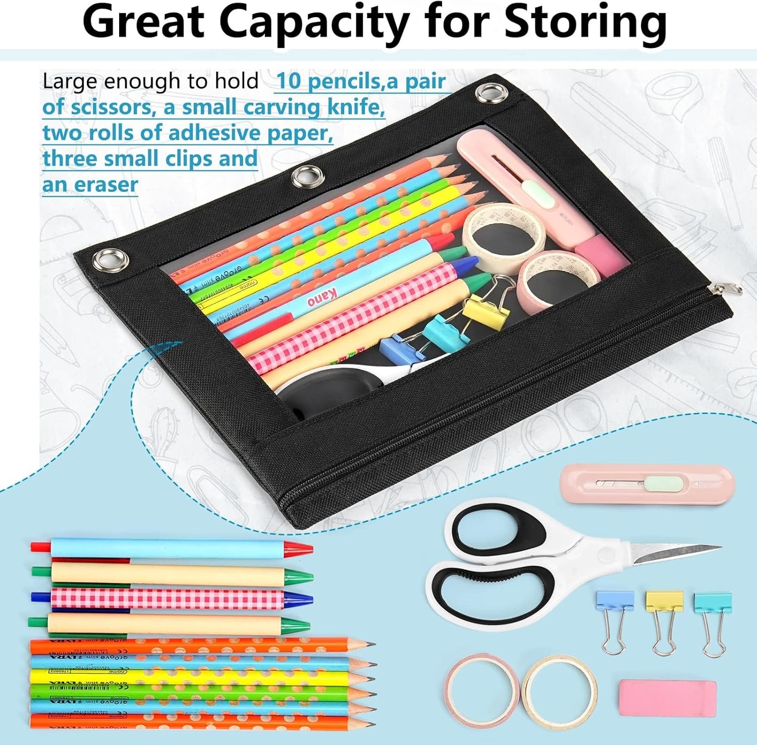 Binder Pencil Case with Smooth Zipper, Clear Window Pencil Case for Binder, Big Capacity 3 Ring Binder Pencil Bag