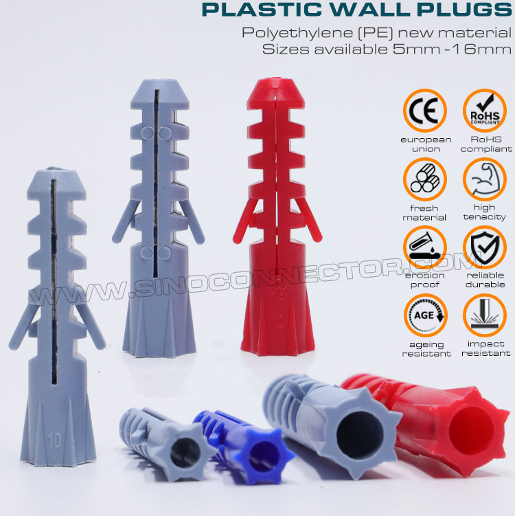 Expandable Plastic Wall Plugs (Screw Anchors, Drywall Anchors) Gray, Red or Blue Ø10 x 50mm 100pcs with Ø6~8mm Screws for Home Decor
