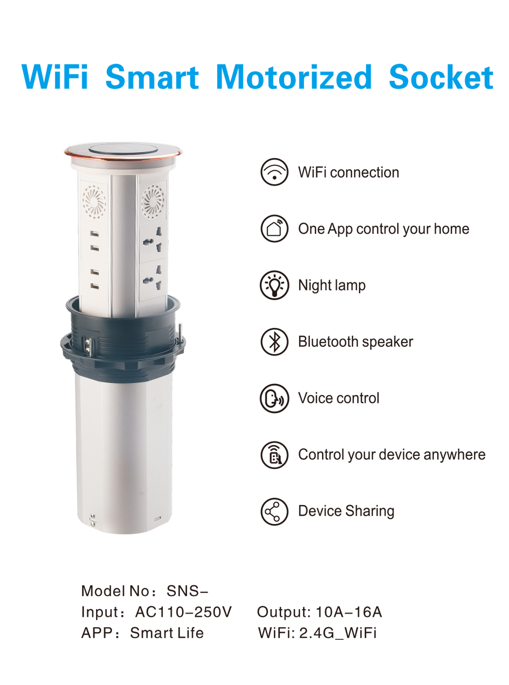 Multifunction WIFI Smart Motorized Socket 3 positions Pop Up Socket USB Smart Table Plugs