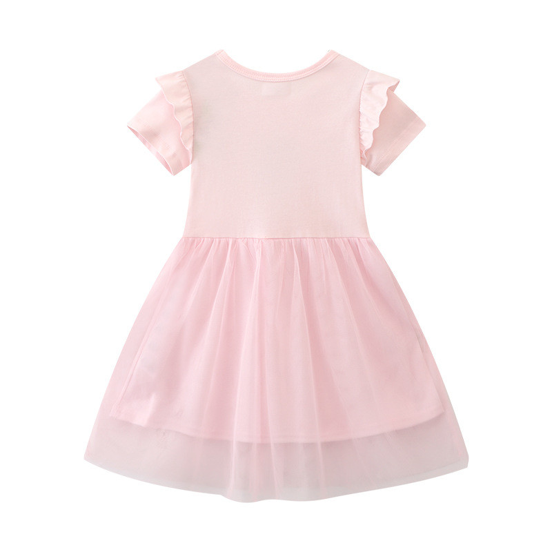 Girls' Pink Dress Summer New Fashion Print Cartoon Design Princess Dress Short Sleeve