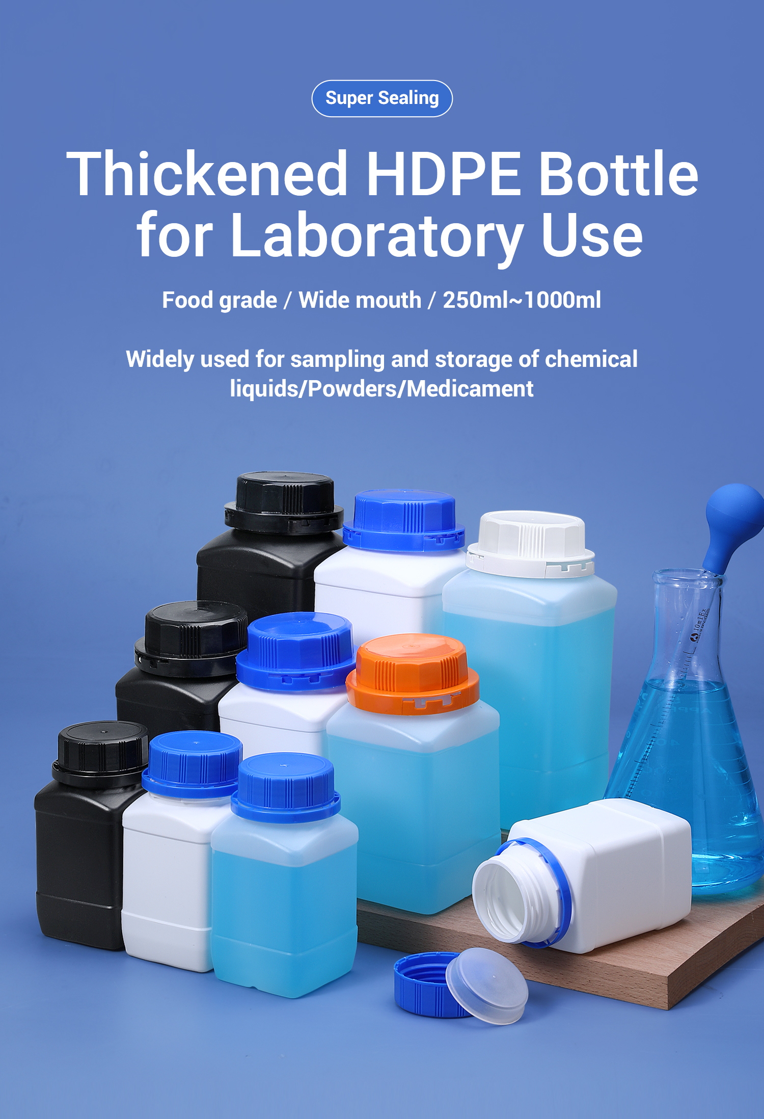 250ml 500ml 1L BPA Free Empty Liquid Container for Laboratory Reagent Dispensing