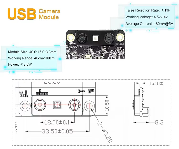 Mini Size 2MP USB2.0 3D Face Recognition Dual Camera USB Module