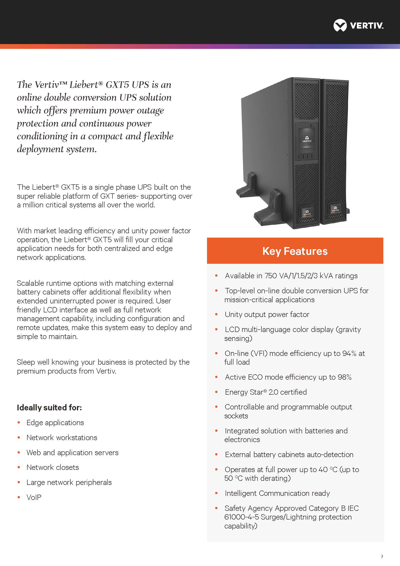 Vertiv GXT5 220V 750W 1000W 1500W 2000W 3000W Single Phase Sine Wave UPS Power Supply