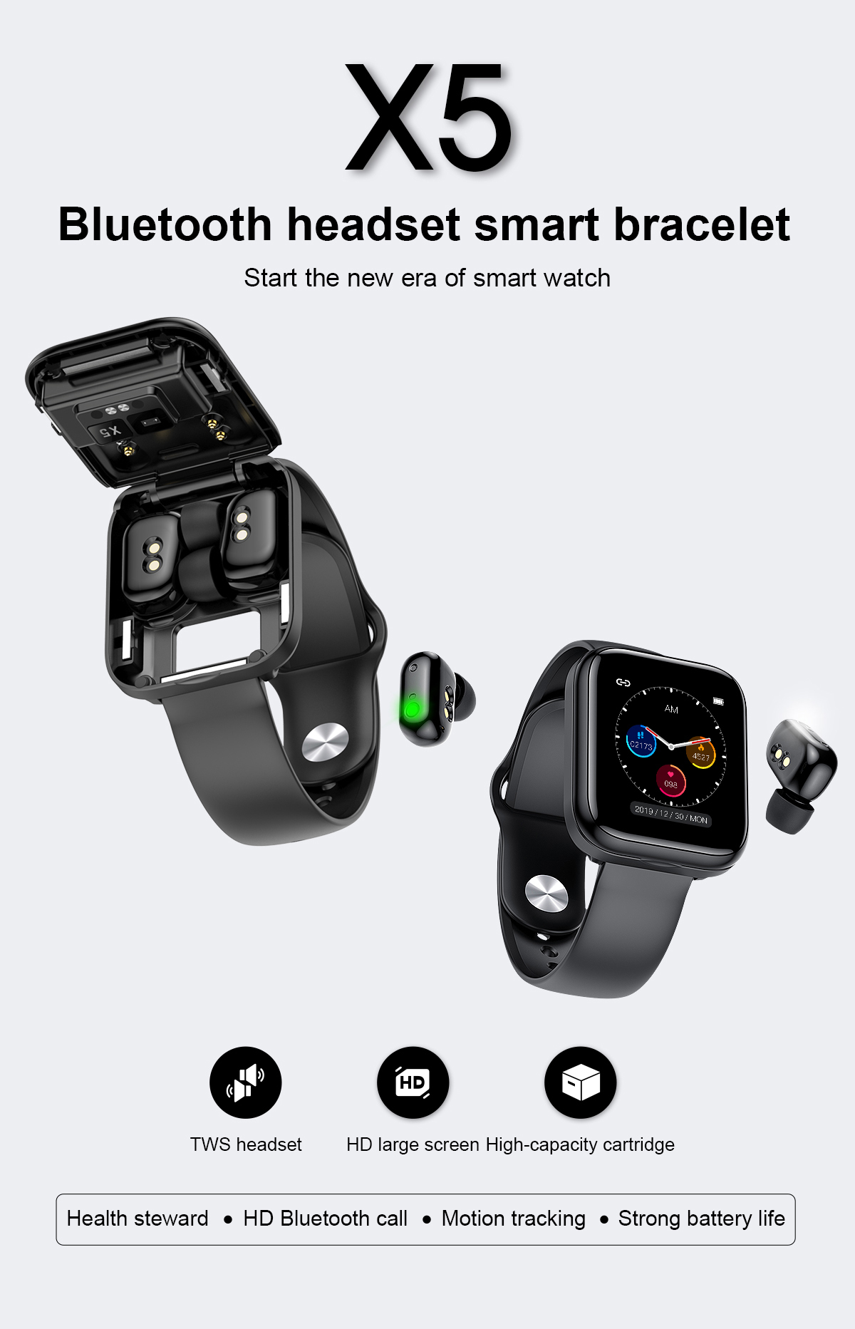 X5 Health Monitoring Smartwatch IP67 1.54inch 2 In 1 Watch And Earbuds Programmable