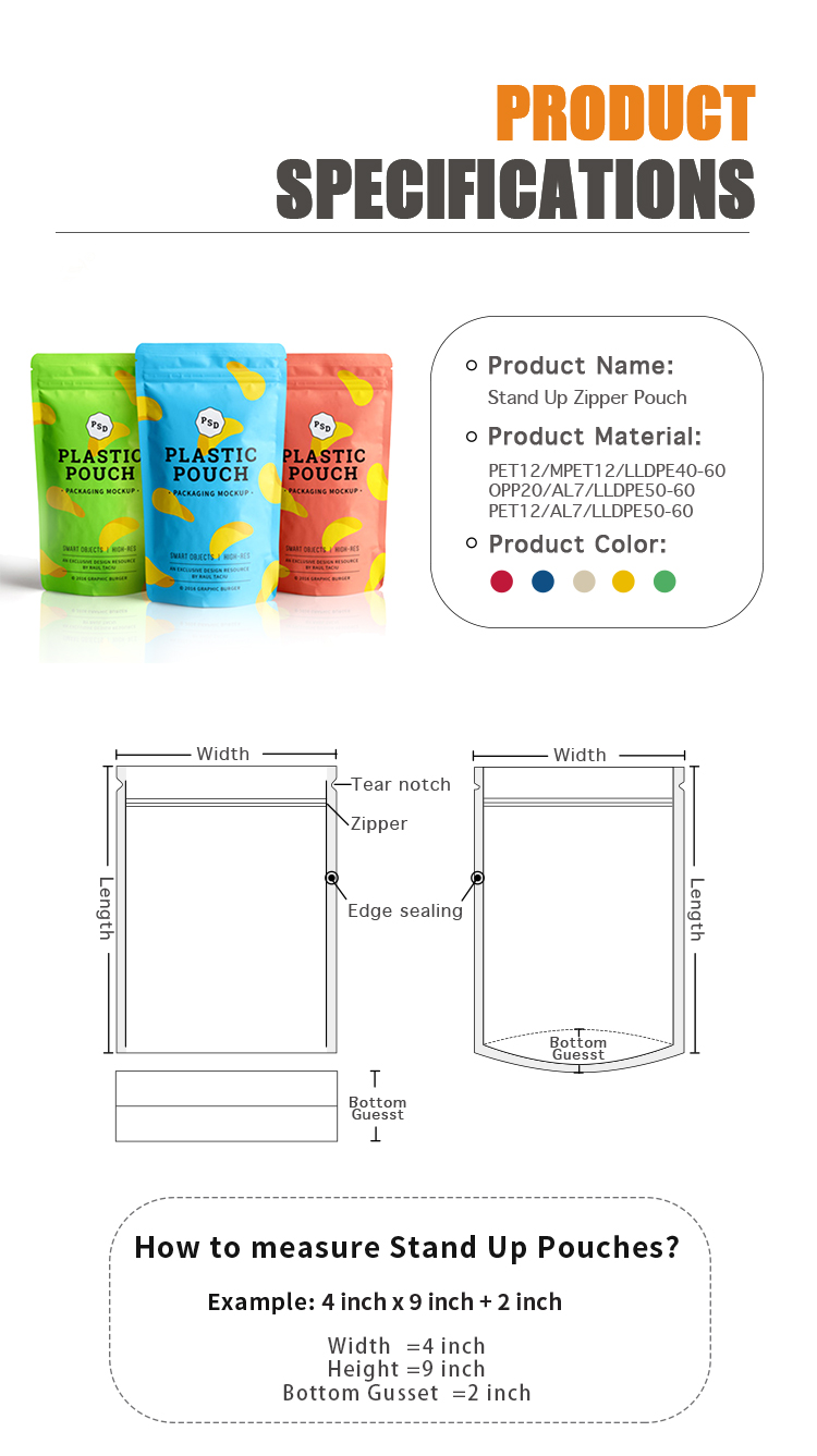200 Microns Custom Food AL PE Snack Packaging Bags And Pouches BOPP CPP