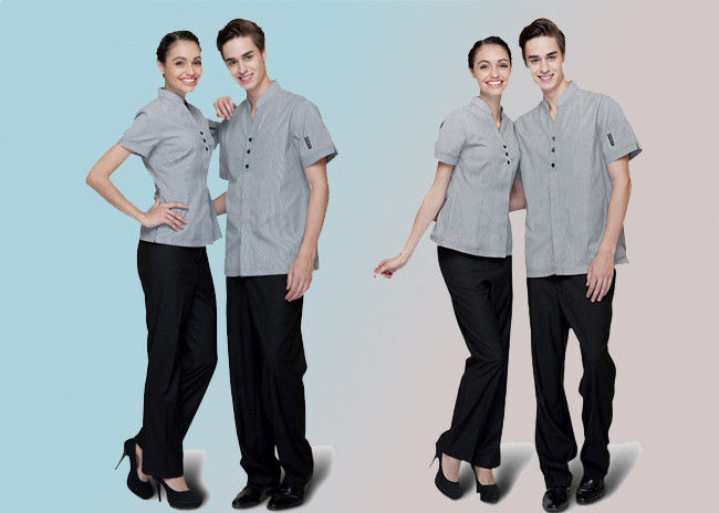 100% Cotton Trendy Restaurant Uniforms Lapel With Bow Tie For Restaurant Staff
