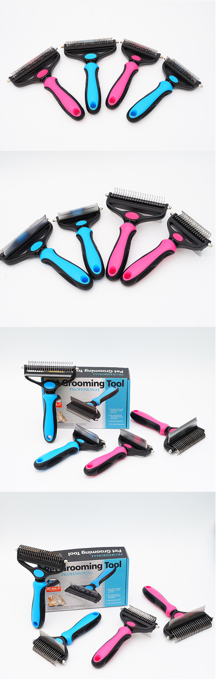 Pet 2-In-1 Detangling Grooming Comb Cat Hair Cleaner Removal Dense Toothed Dog Rake Brush