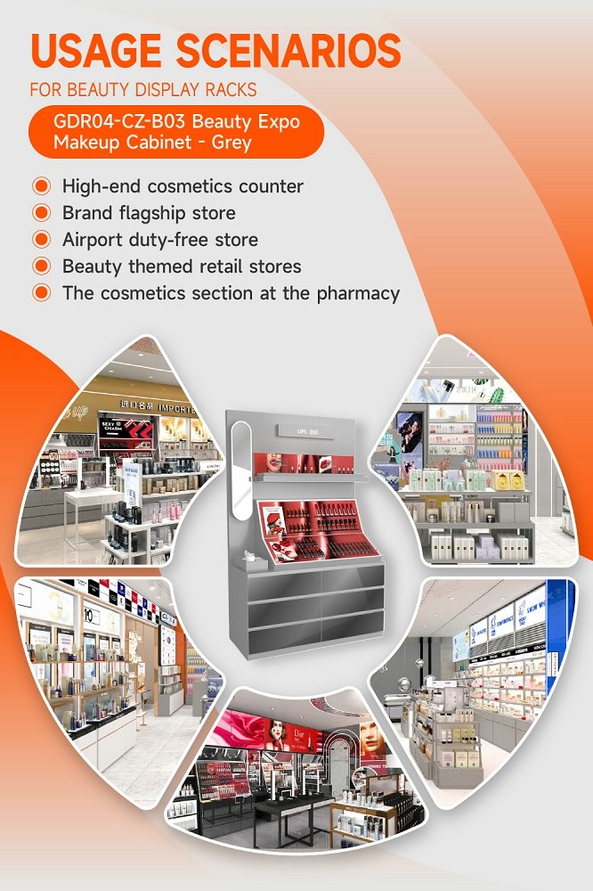 GDR04-CZ-B03 Beauty Display Rack with Soft LED Lighting and Mirrored Surfaces for Retail Counters