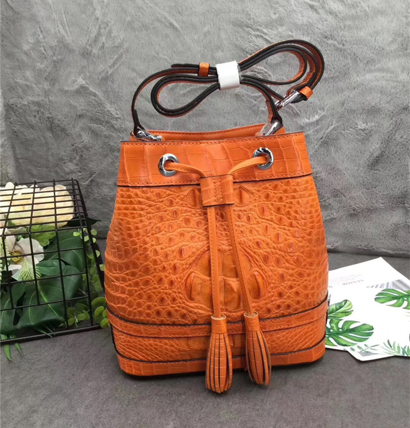 Authentic Crocodile Skin Drawstring Closure Women's Bucket Purse Exotic Alligator Leather Lady Small Tassel Shoulder Bag