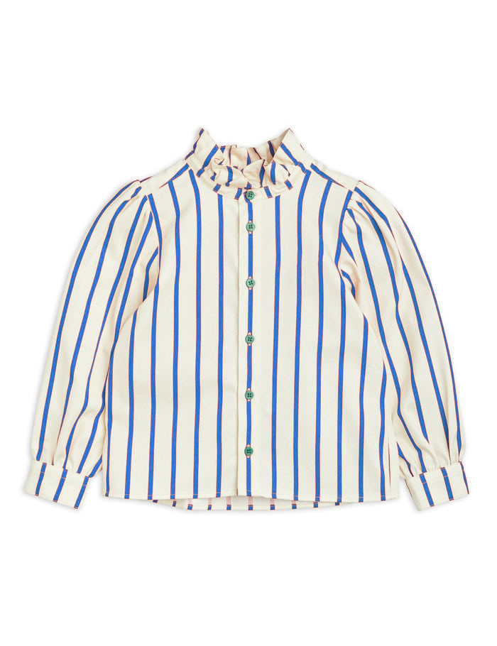Christmas Girls Cotton Striped Woven Ruffle Neck Blouse with Contrast Button