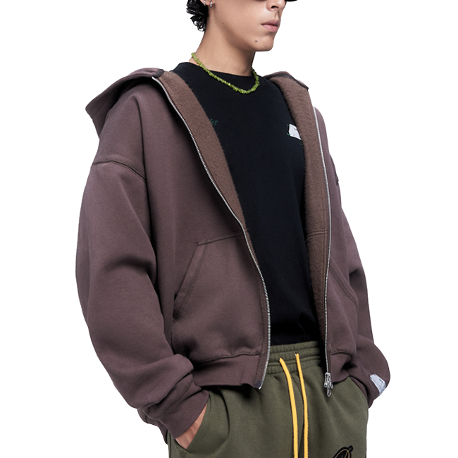 Hooded Collar Printing Streetwear Brown Zip Up Crop Top Hoodie with 500 Gsm