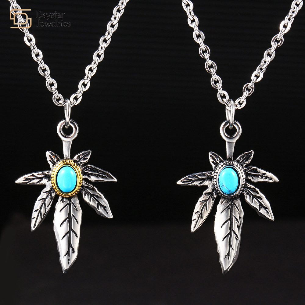 Turquoise Pendant Titanium Steel Maple Leaf Necklace Goro Takahashi Engraved