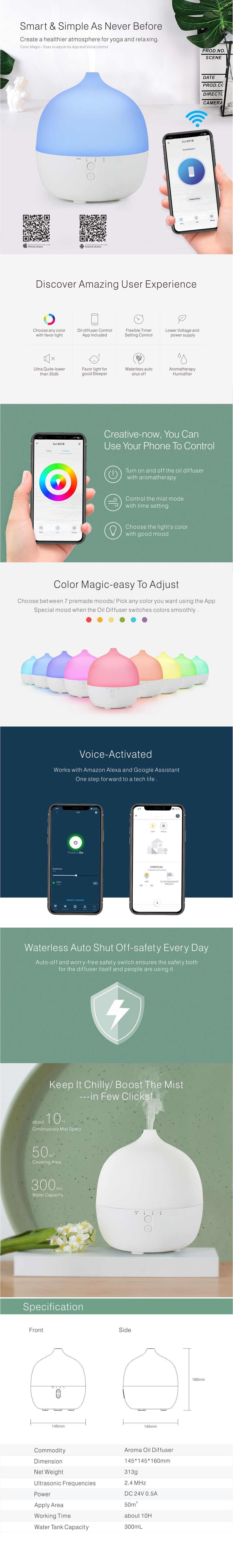 APP Wifi 12W 300ml Wooden Ultrasonic Diffuser 30ml/hr