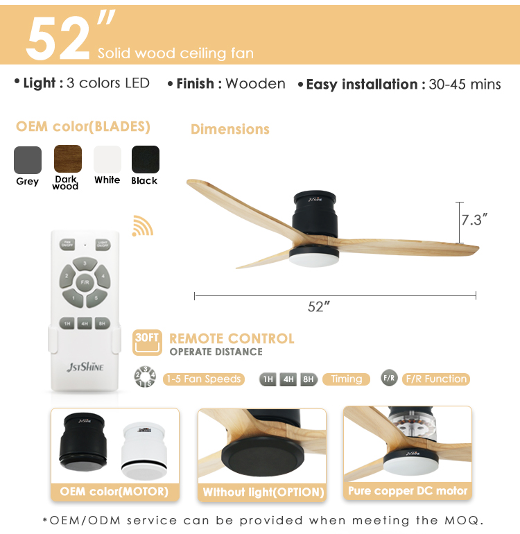 Modern Design Wooden Blades DC Ceiling Fan with Reversible Function and Remote Control