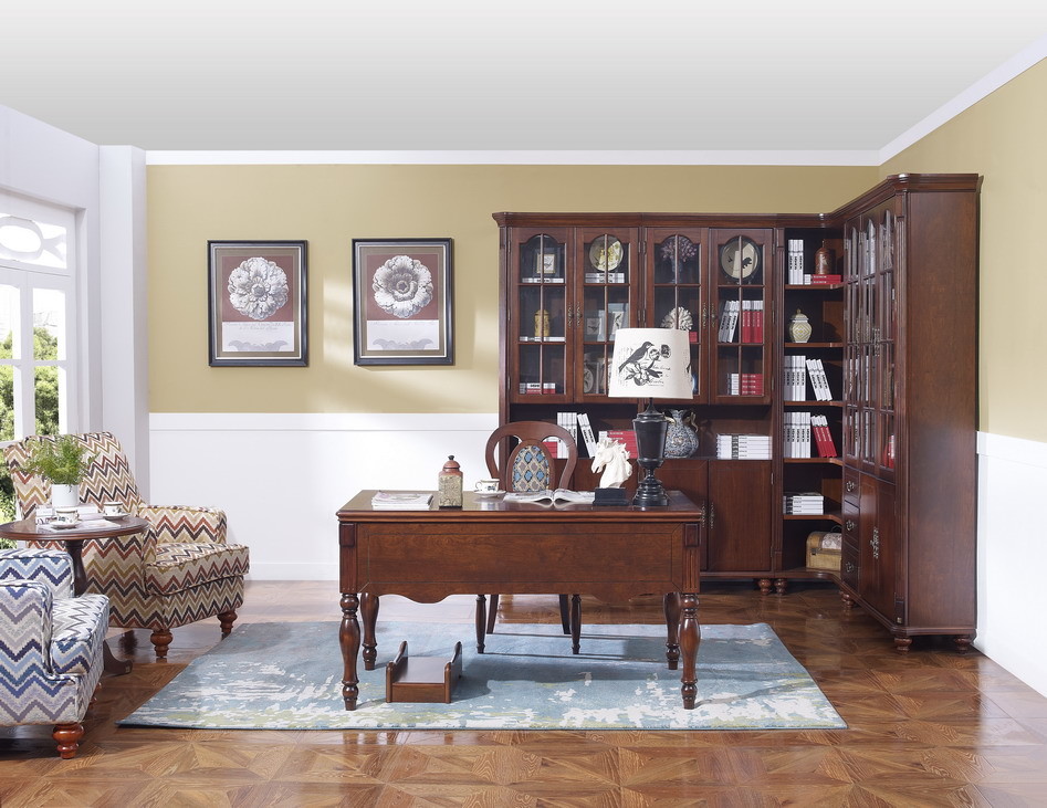 Rubber Wood Home office room furniture bookcase set by Glass door with Shelves and Study desk Computer table