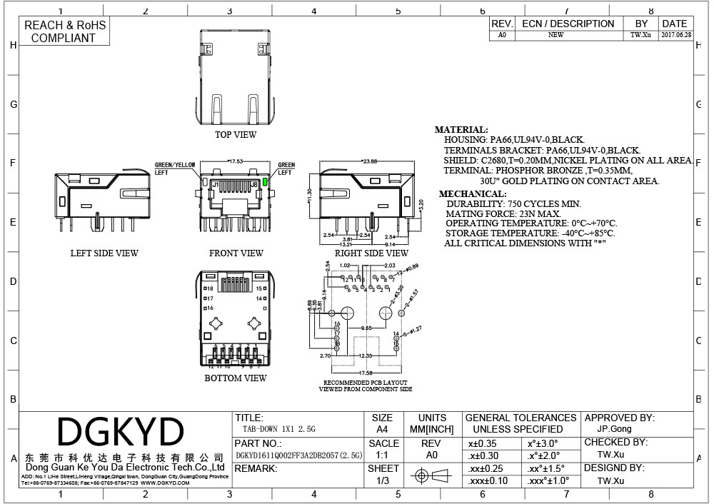 Metal Shielded 2.5G TAB DOWN 23.88mm RJ45 Ethernet Connector