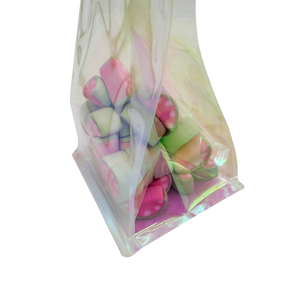 Custom Holographic Pouch Pink Rainbow Clear Flat Bottom Stand Up Bags with Resealable Sticky Button for Candy Accessory