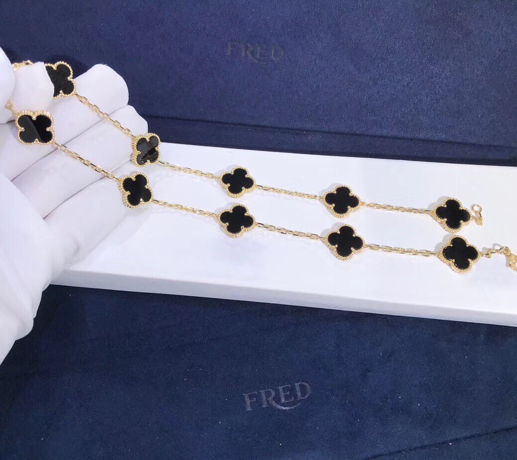 Fantastic Van Cleef & Arpels 18k Gold Vintage Alhambra Necklace 10 Motifs