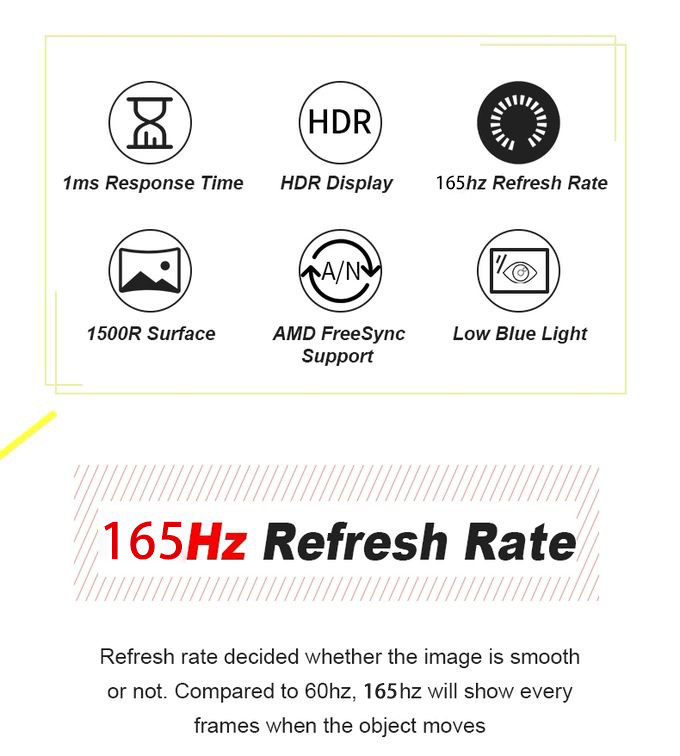 2K 165Hz 32 Inch Curved Gaming Monitor / HDR Freesync Gaming Monitor