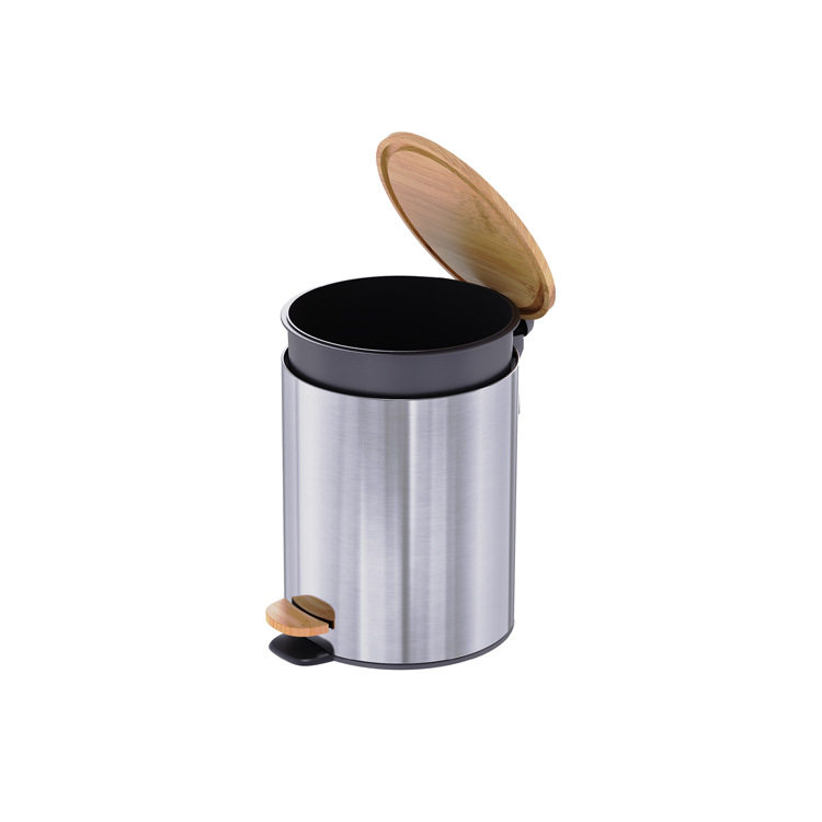 Space-Saving Rolling Cover Style Stainless Steel Trash Bin with Thin Bamboo Lid and Pedal