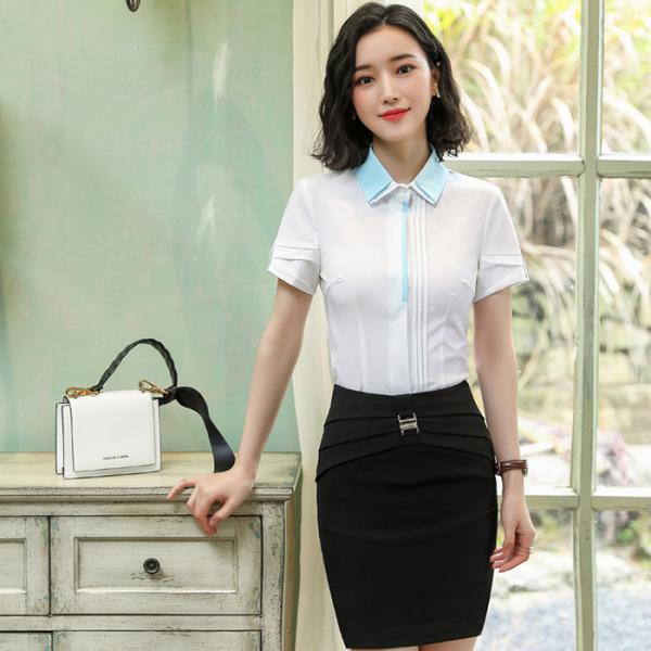Short Sleeve Ladies Office Dresses / Summer Elegant Waist Tie Round Collar Women