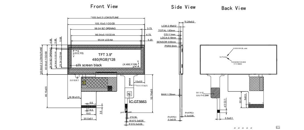 3.9 Inch 480 &times; 128 Bar Type Color TFT LCD with Mutil-Touch Pcap