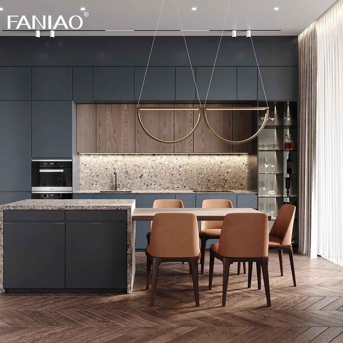 Modern European Modular Unit Melamine Complete Set Kitchen Cabinets With Island