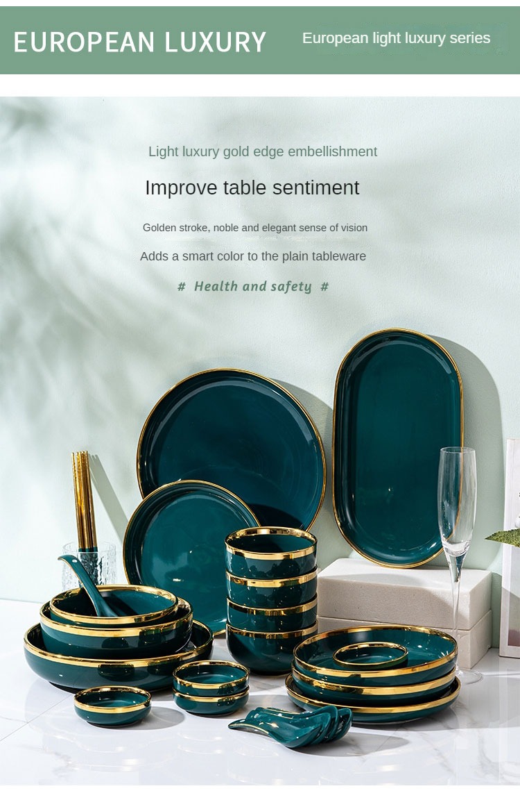 Hot Sale Exquisite Life High Quality Gold Frame Dark Green Home Porcelain Dinner Set Ceramic Tableware Set