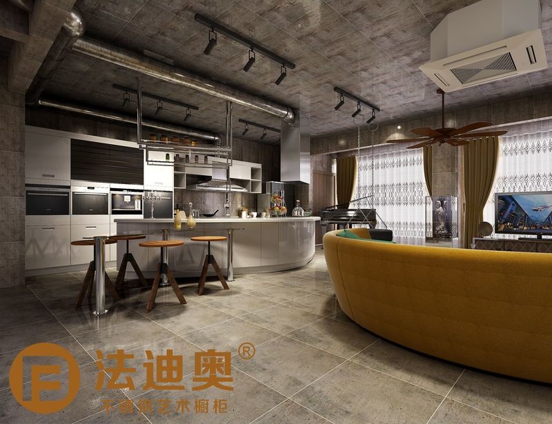Industrial-Style Stainless Steel Kitchen With Butterfly Island In Metallic Wgite