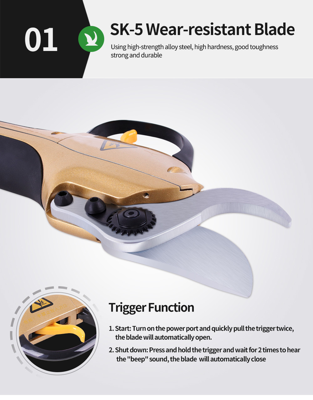 Swansoft 30mm 36V 45mm Lithium Battery Cordless Garden Pruner Scissors Electric Pruning Shear with Telescopic rod