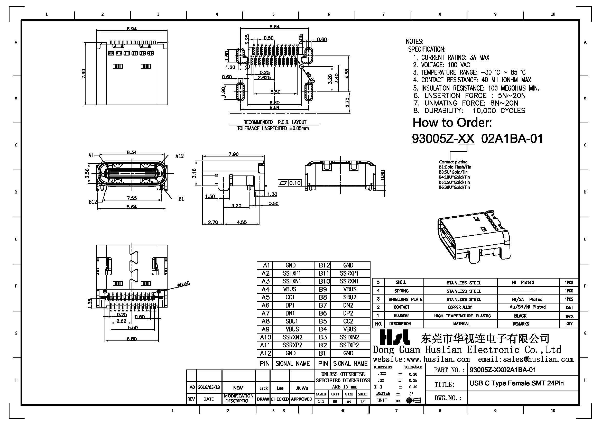 USB-C type female USB 3.1 connector 24 position right angel surface mount type for pcb